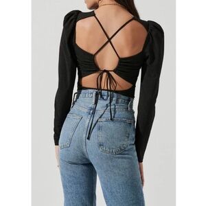 NWT ASTR The Label Puff Shoulder Long Sleeve Ribbed Thong Bodysuit